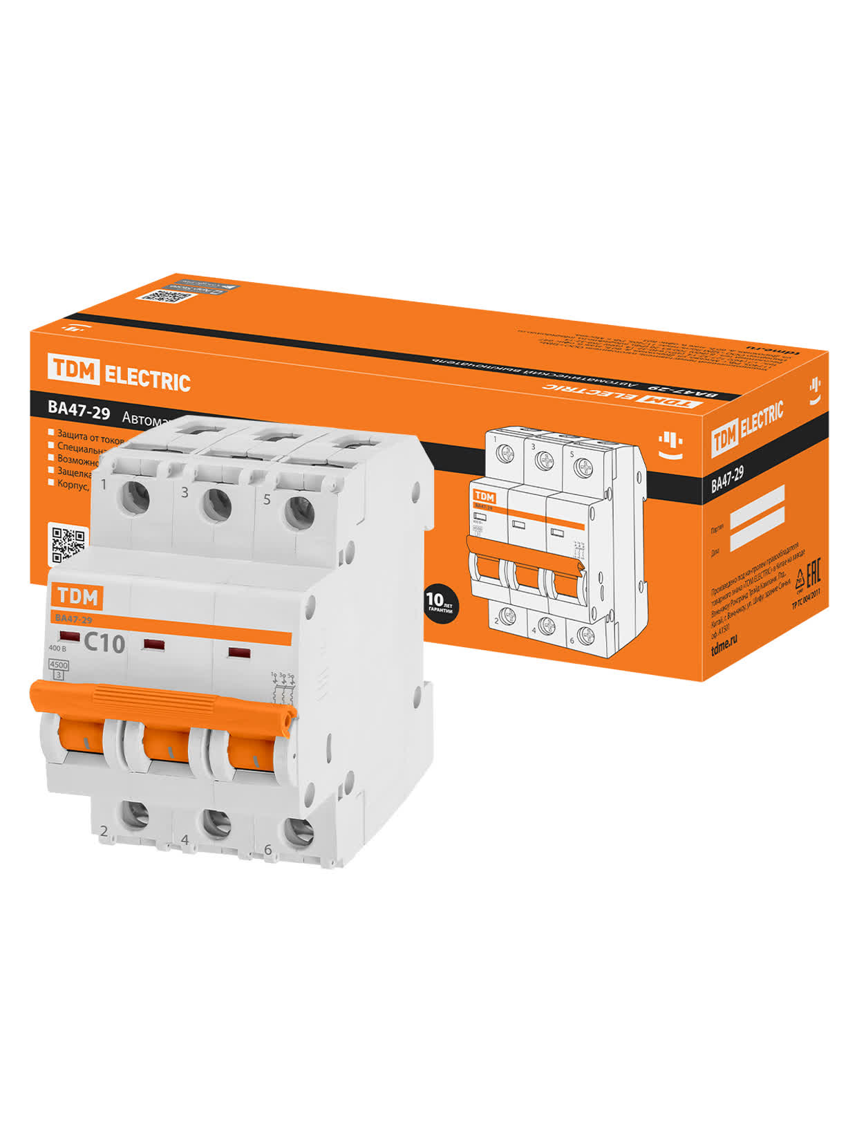 SQ0206-0107 Автоматический выключатель 3P 10A 4,5кА х-ка С ВА47-29 TDM