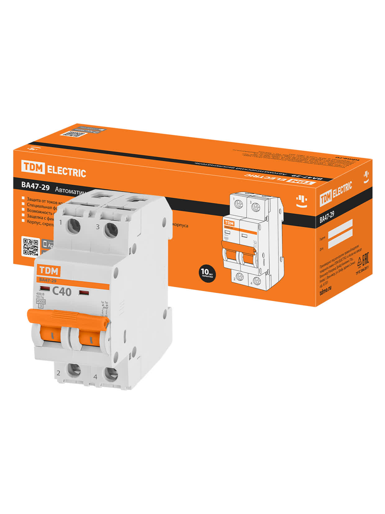 SQ0206-0097 Автоматический выключатель 2P 40A 4,5кА х-ка С ВА47-29 TDM