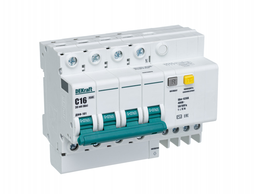 15020DEK Автомат диф. 4Р 16А 30мА тип AC х-ка С ДИФ-101 4,5кА DEKraft