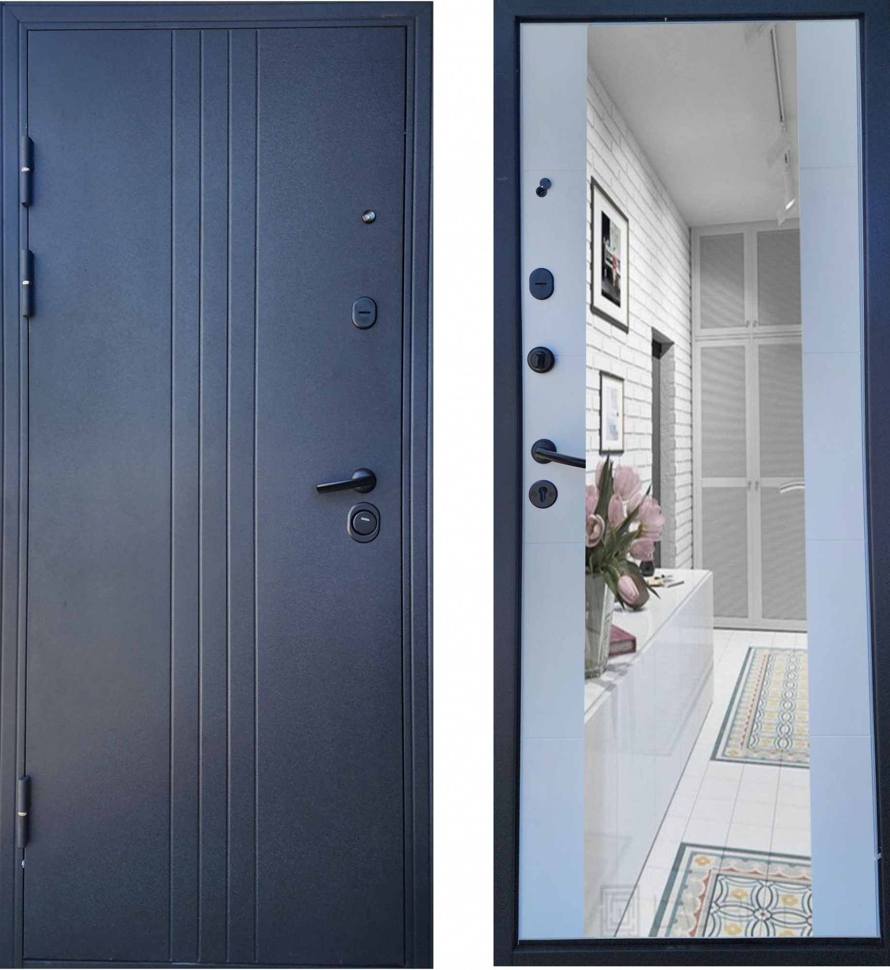 Дверь входная Ника черный шелк дуб белый зеркало