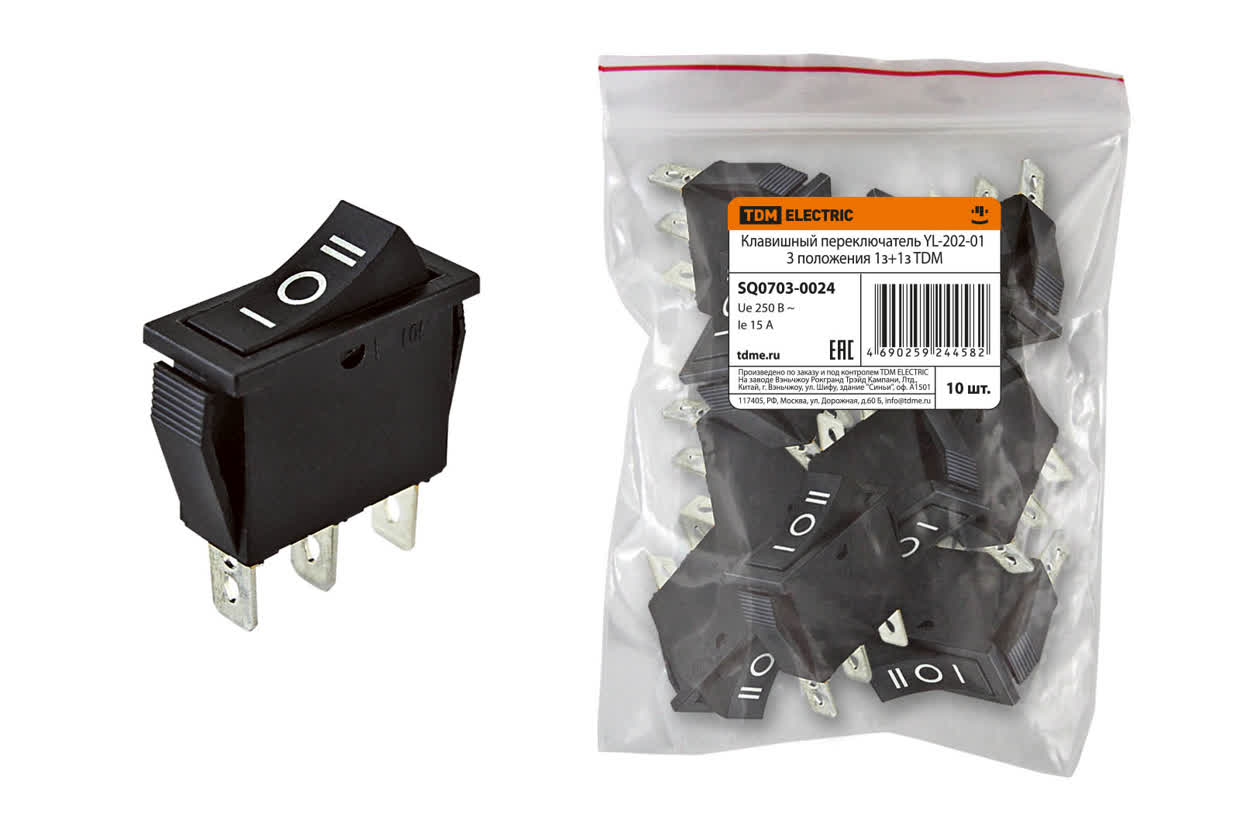 SQ0703-0024 Переключатель клавишный, черный, 3 положения, 1з+1з,YL-202-01, TDM