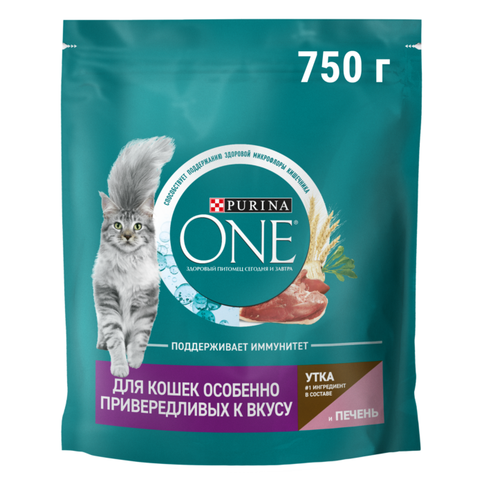 12505590 Корм сухой Purina ONE для привередливых кошек с уткой и печенью 750г