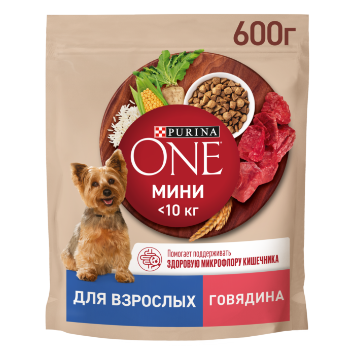 12363227 Корм сухой Purina ONE Мини для взрослых собак мелких пород с говядиной и рисом 600г