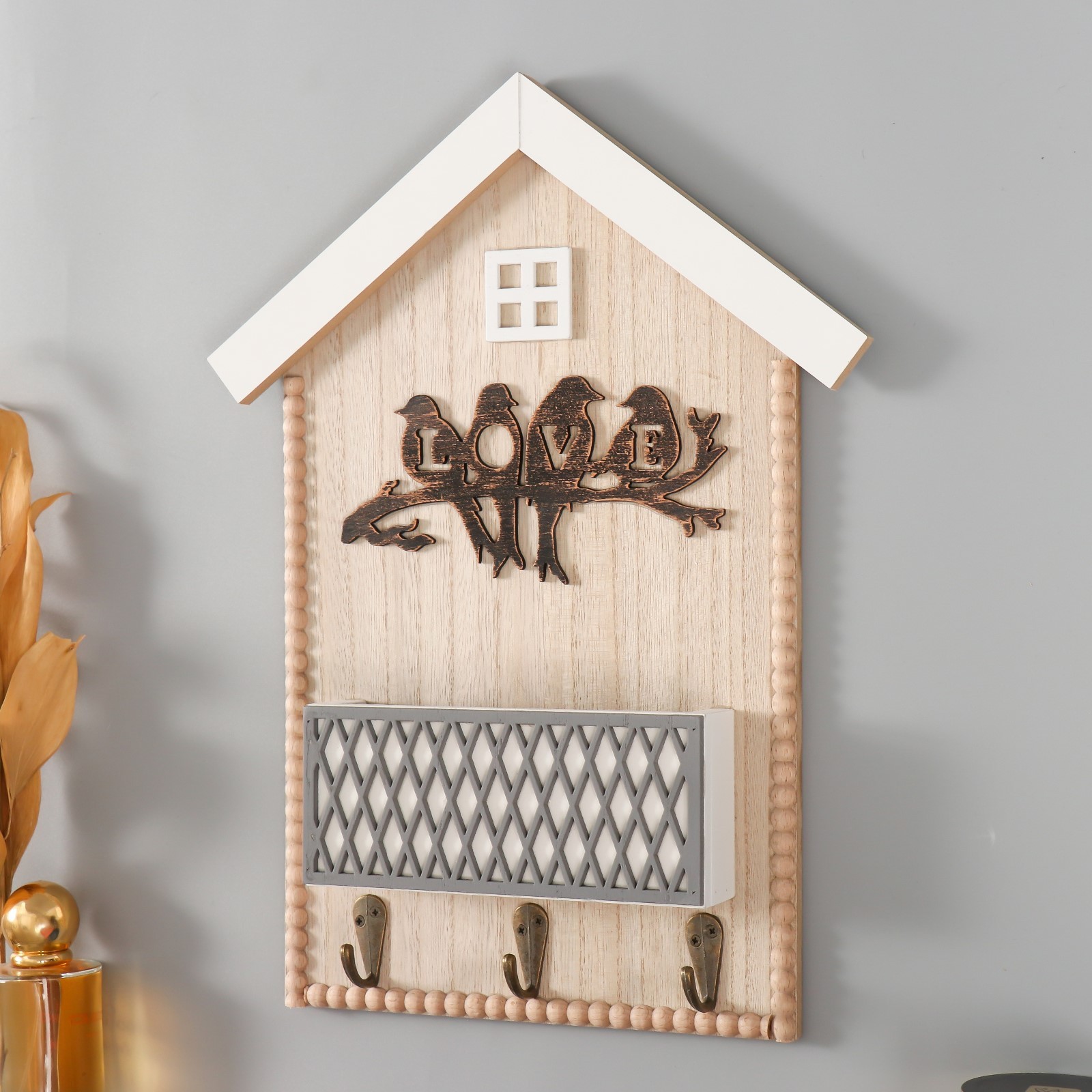 9078610 Ключница дерево Домик - птички на ветке бежевая 4,5х25х34 см