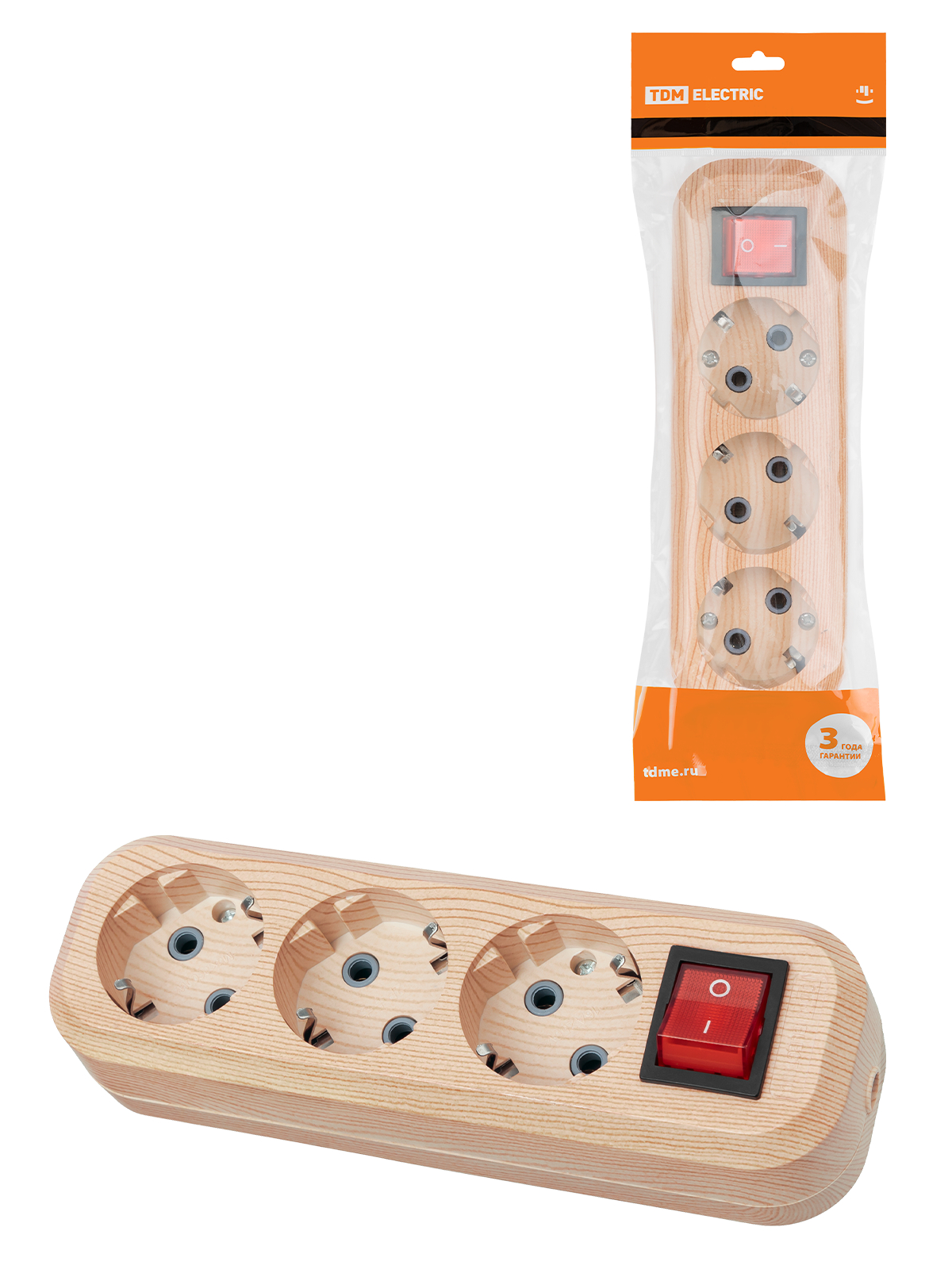 SQ1806-0049 Колодка розеточная 3 гнезда 2П+3 с выключателем 16А 250В Эко (сосна) TDM