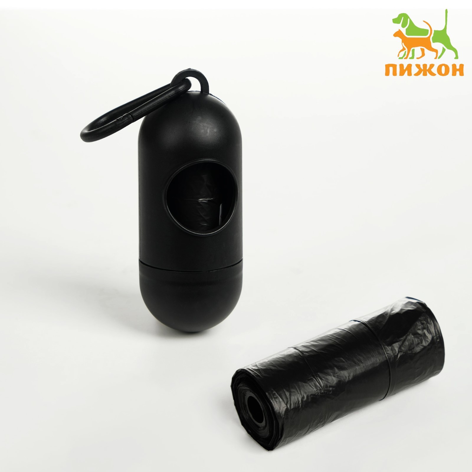 9155686 Контейнер с пакетами для уборки за собаками (рулон 15 пакетов 29х21см), чёрный