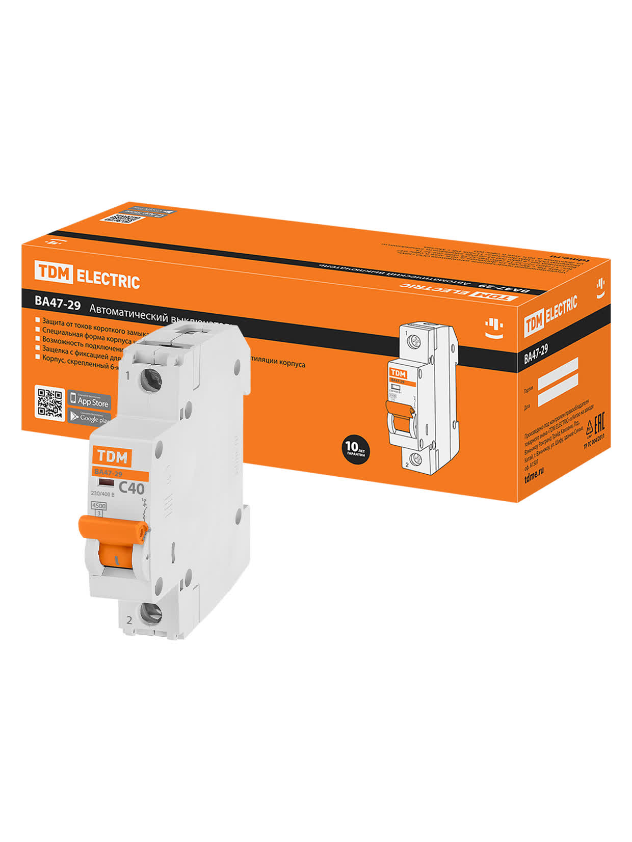 SQ0206-0078 Автоматический выключатель 1P 40A 4,5кА х-ка С ВА47-29 TDM