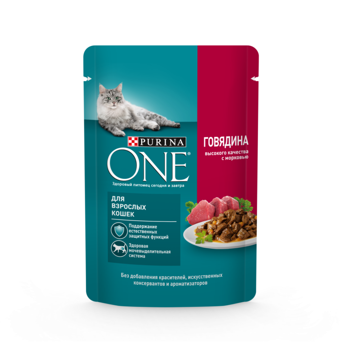 12456131 Влажный корм Purina ONE для взрослых кошек с говядиной и морковью 75г